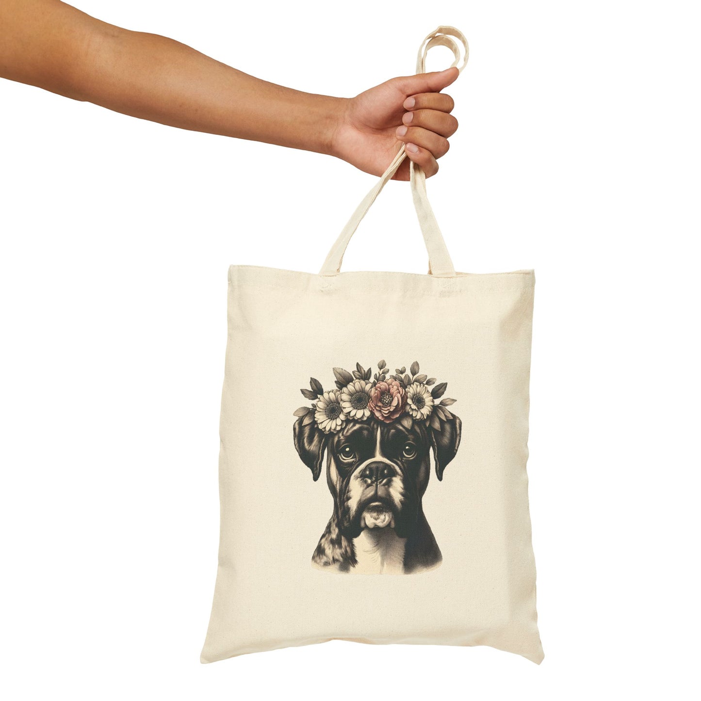 Vintage Floral Boxer Portrait Cotton Canvas Tote Bag