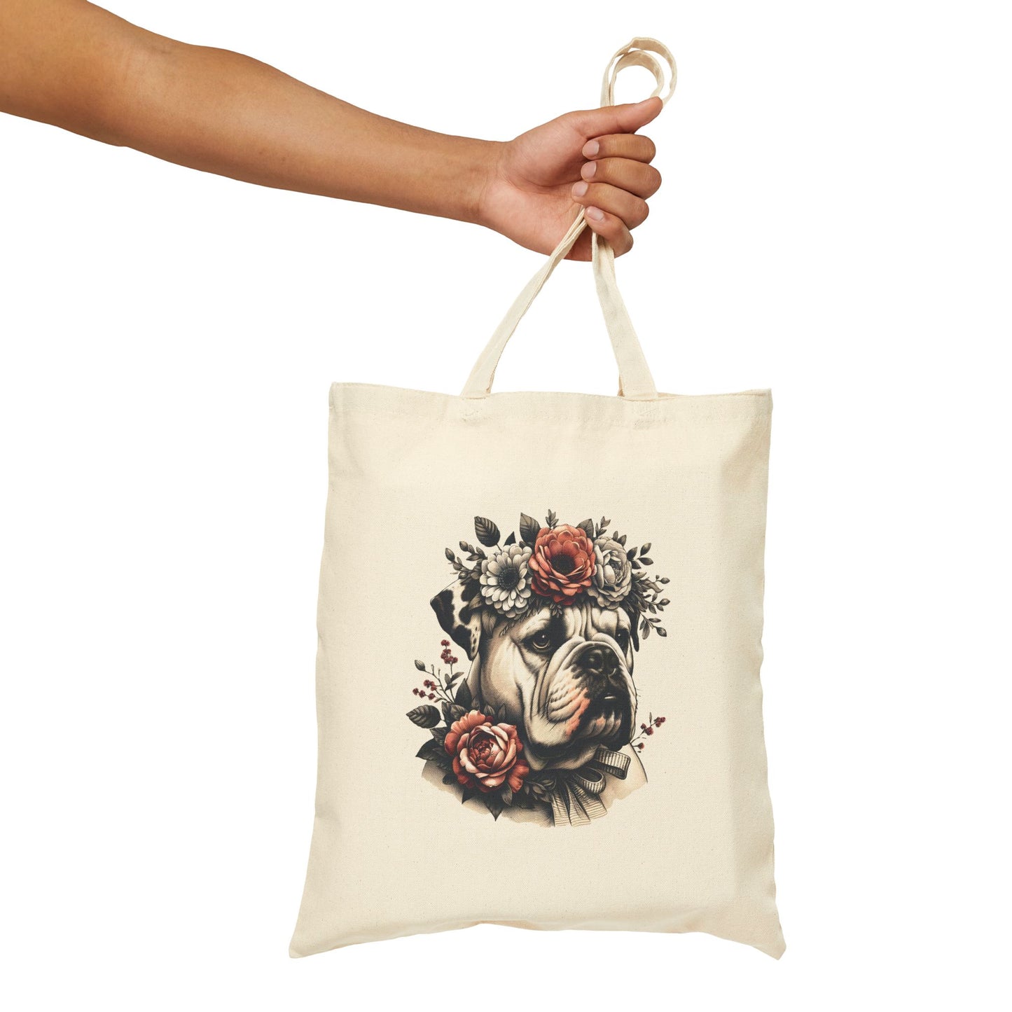 Vintage Floral Bulldog Portrait Cotton Canvas Tote Bag