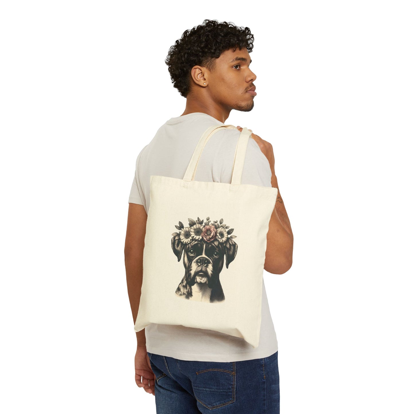 Vintage Floral Boxer Portrait Cotton Canvas Tote Bag