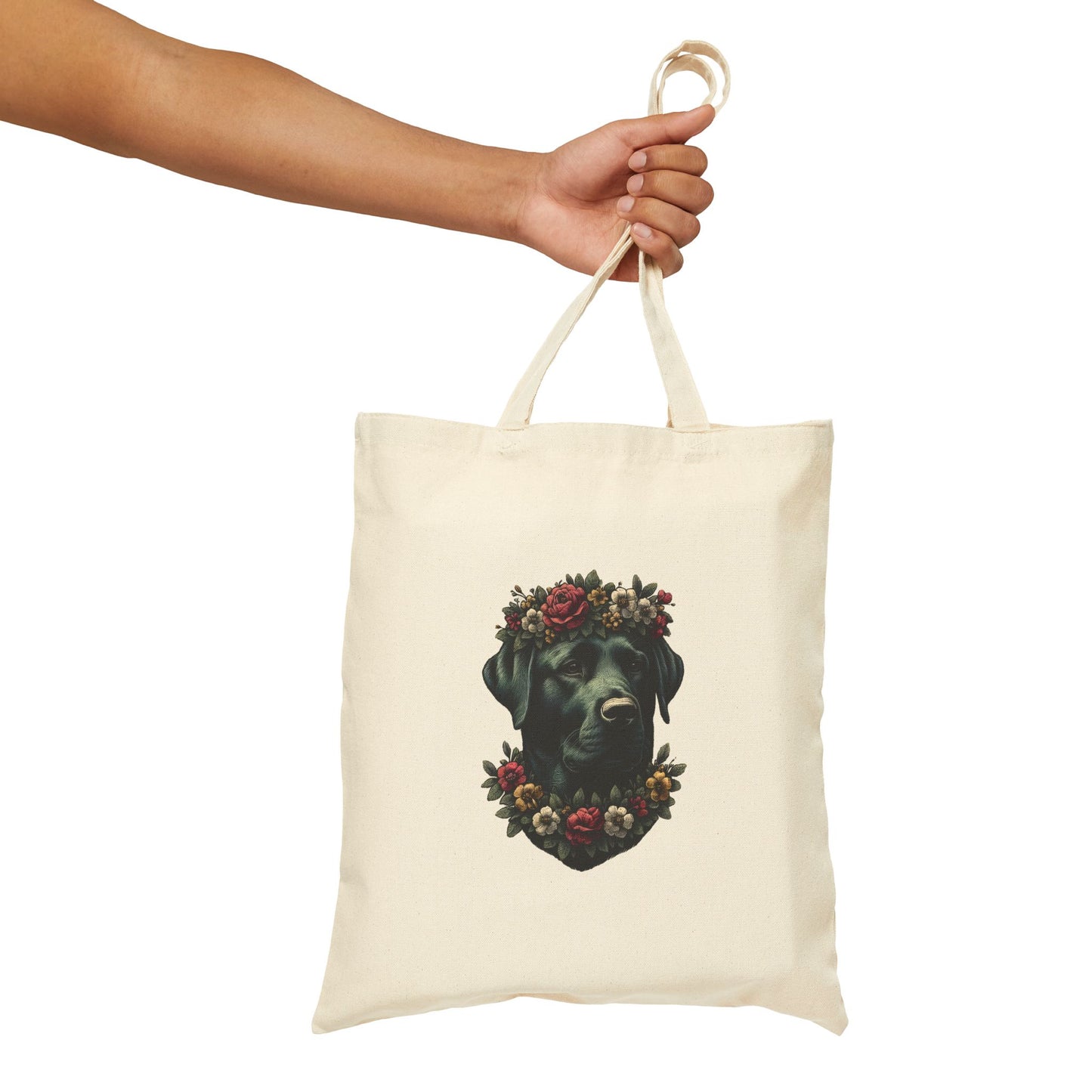 Vintage Floral Black Lab Portrait Cotton Canvas Tote Bag