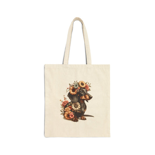 Vintage Floral Dachshund Portrait Cotton Canvas Tote Bag