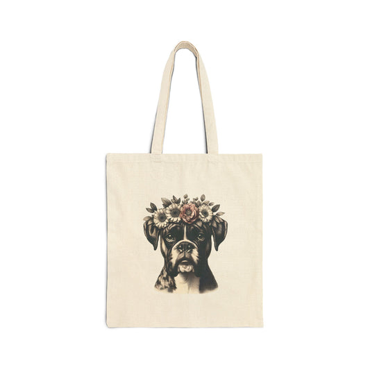 Vintage Floral Boxer Portrait Cotton Canvas Tote Bag