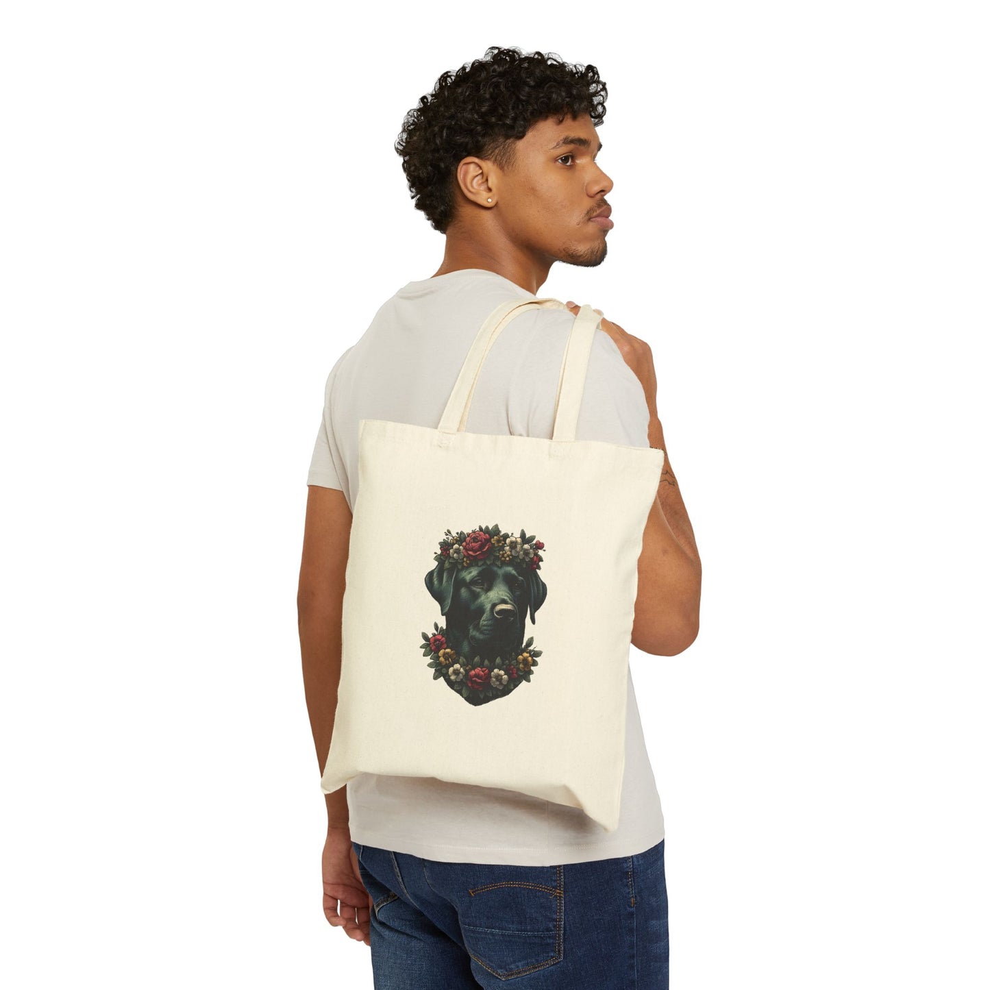 Vintage Floral Black Lab Portrait Cotton Canvas Tote Bag