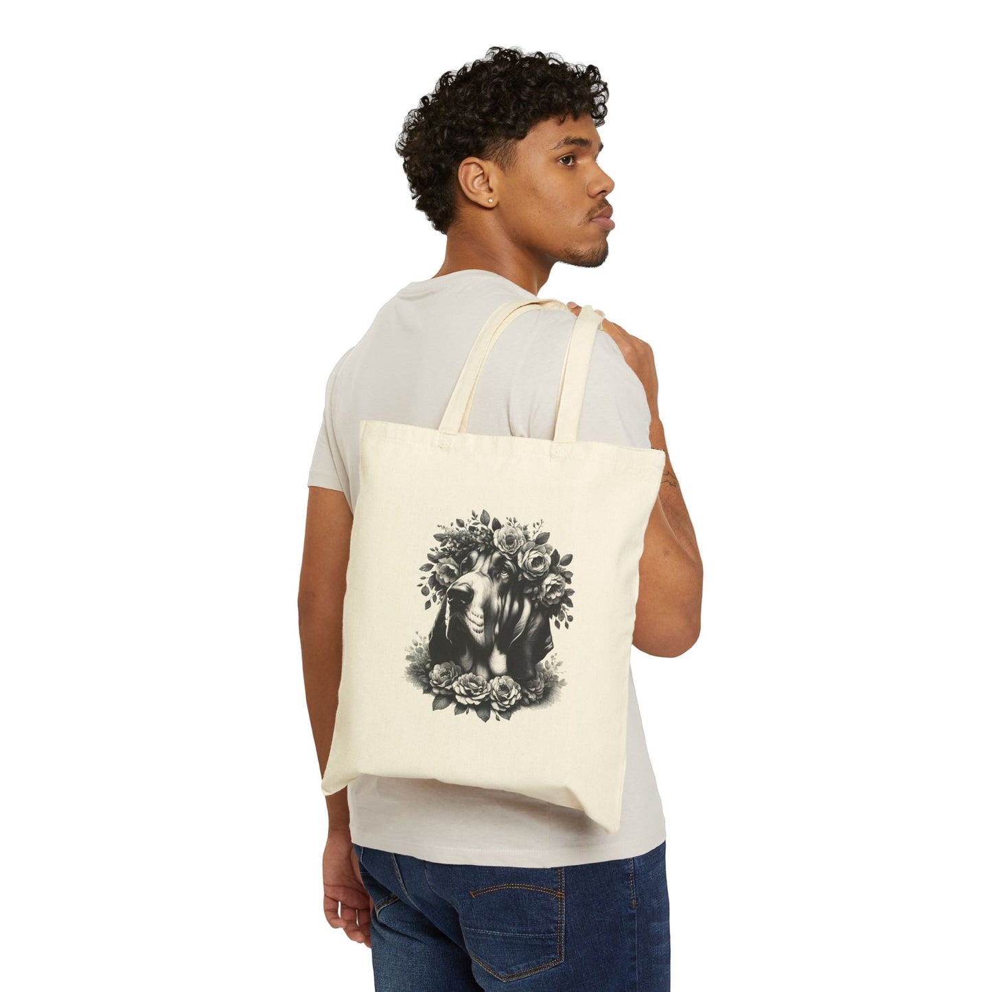 Vintage Floral Bloodhound Portrait Cotton Canvas Tote Bag