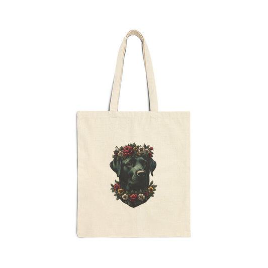 Vintage Floral Black Lab Portrait Cotton Canvas Tote Bag