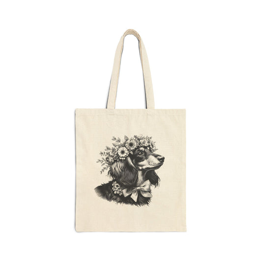 Vintage Floral Dachshund  Portrait Cotton Canvas Tote Bag