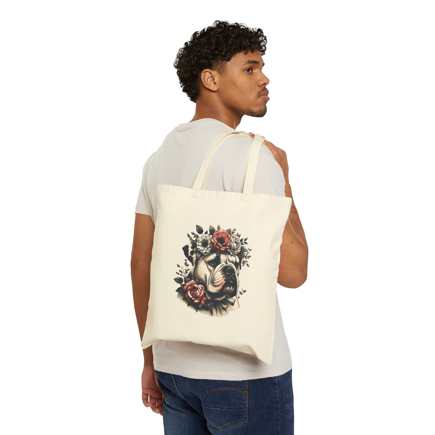 Vintage Floral Bulldog Portrait Cotton Canvas Tote Bag