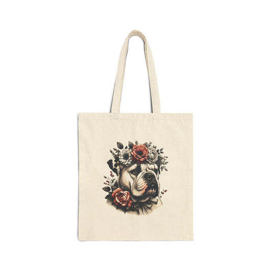 Vintage Floral Bulldog Portrait Cotton Canvas Tote Bag